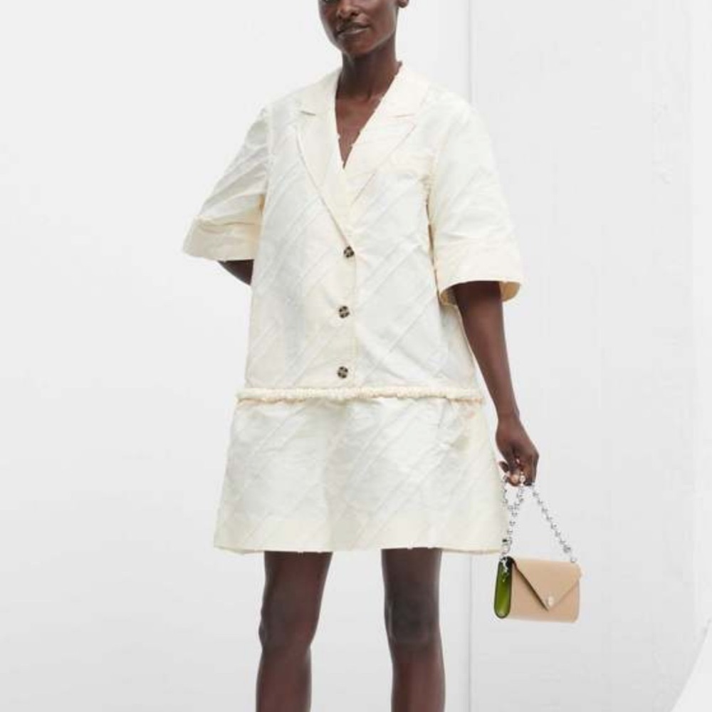 Ganni- NWT Stripe Taffeta Ivory Egret Button Down Mini Dress with Ruffle Hem